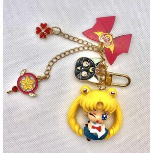 SAILOR MOON Gold-tone KEY CHAIN Keychain RING FOB LUNA Crisis Moon Saturn Charms